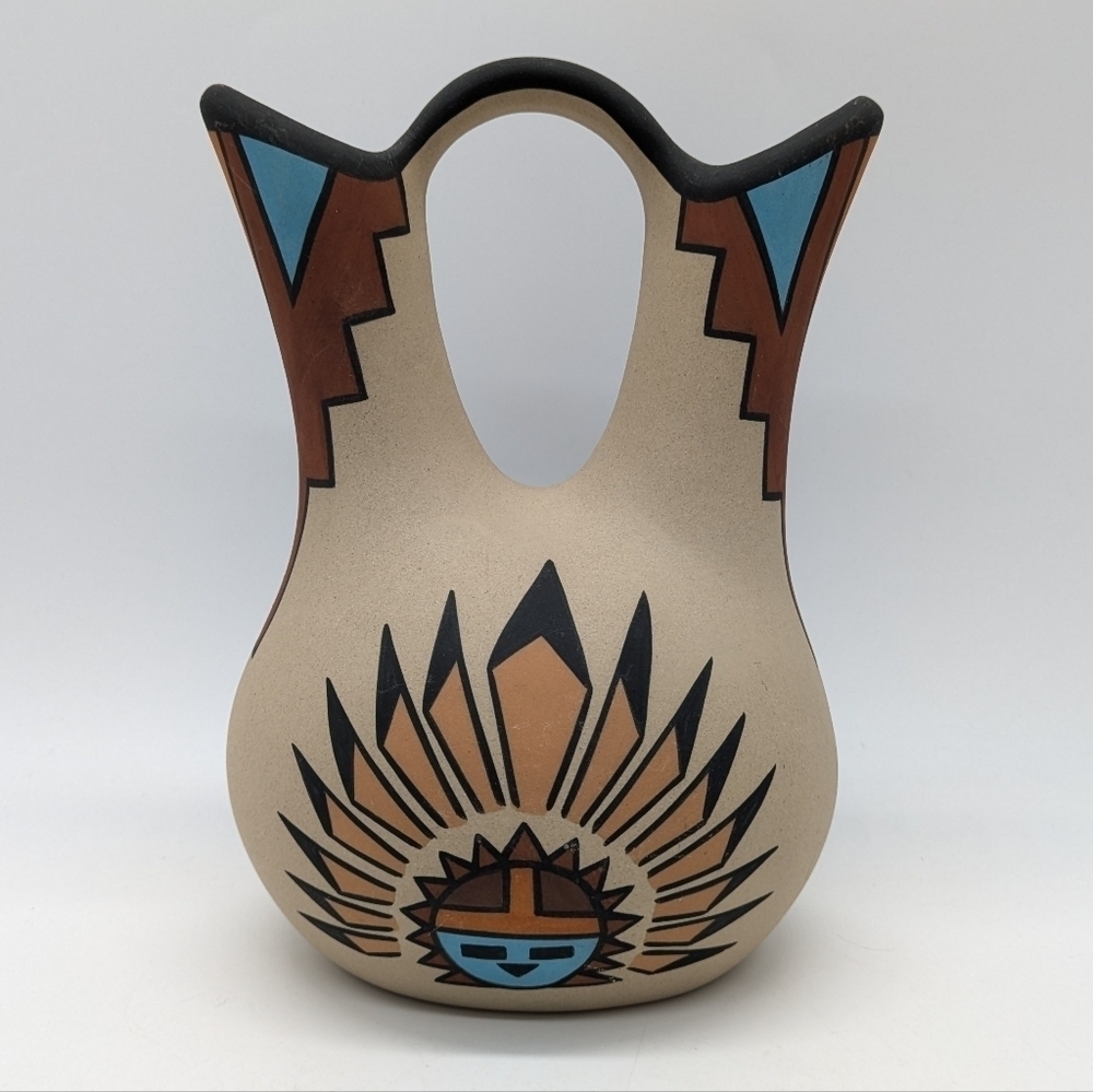 Native American stoneware ceramic wedding vase brown tan blue